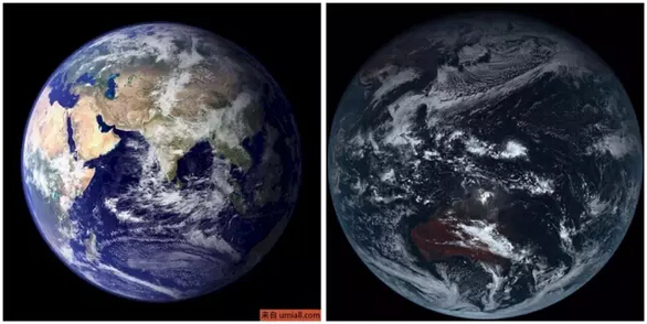▲左图：地球原本的样子 右图：日本气象卫星发回的地球照片