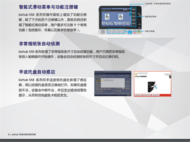柯尼卡美能达368智能式滑动菜单与功能注册键-科颐办公